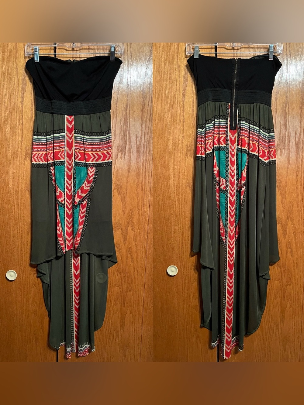 Fire Los Angeles Strapless High-Low Dress in Black, Olive, Red, Teal